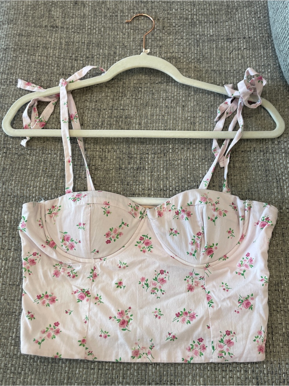 Evolutionary Smocked Floral Print Pink Cami Crop Top Tie Straps Built in Cup